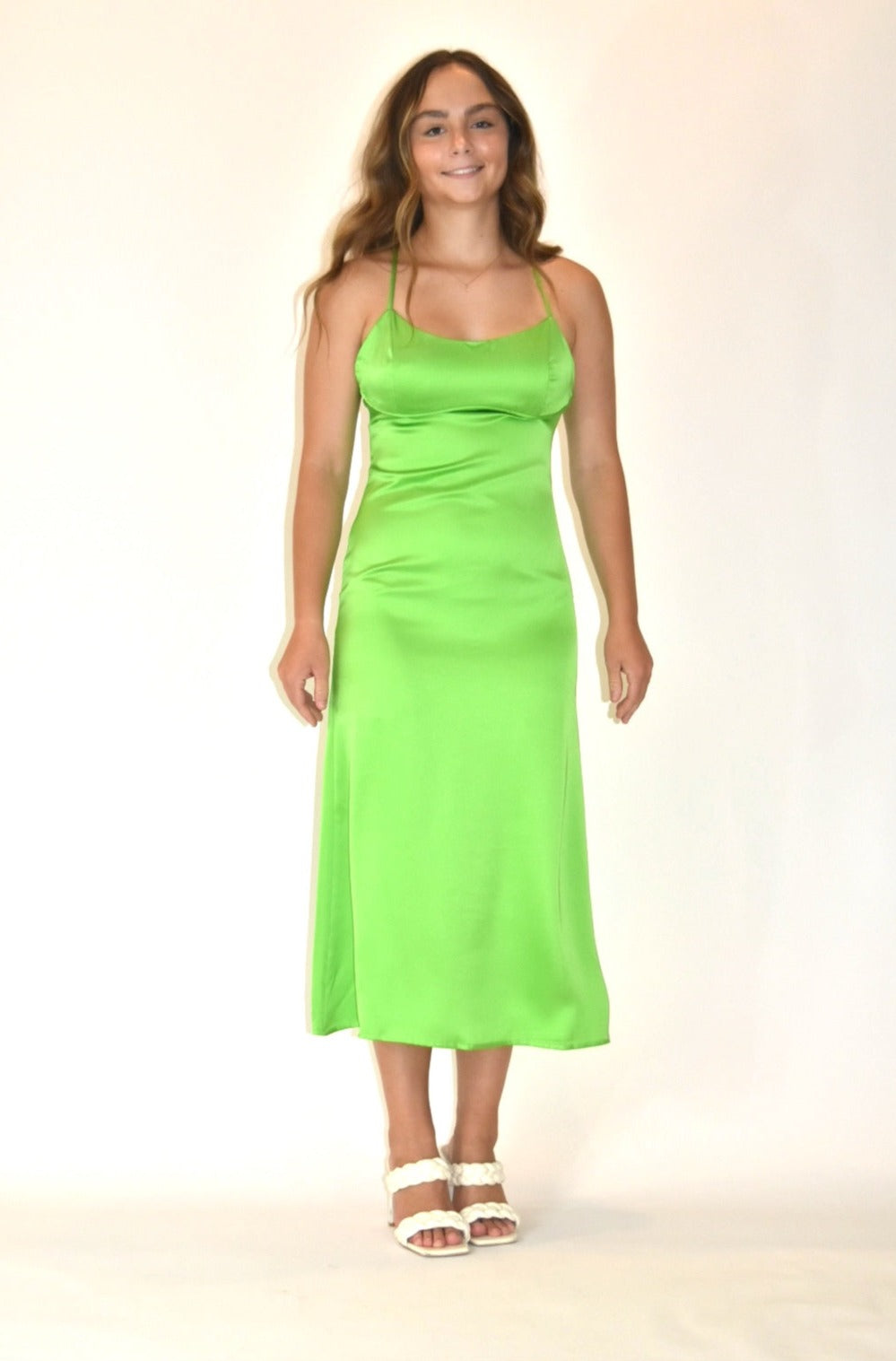 Satin Cami Midi Dress Light Green.  Full view.