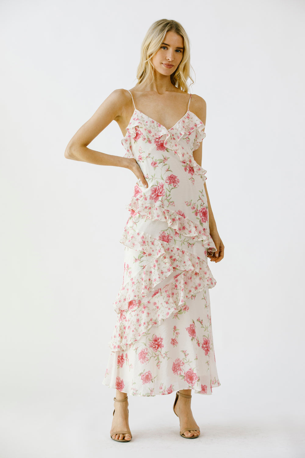 Floral Ruffle Tiered Maxi Dress - Pink & Ivory.  Front view.