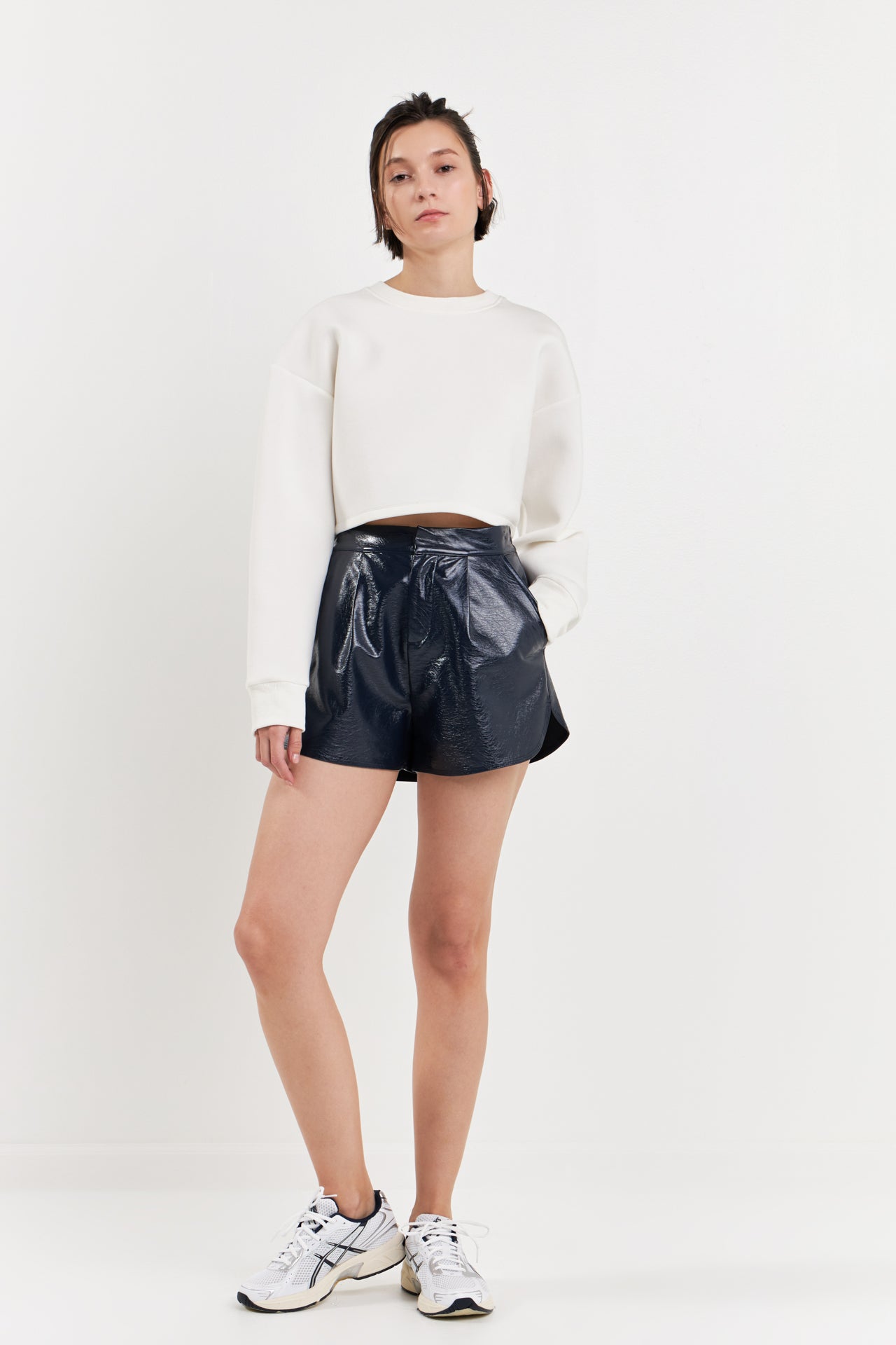 High-Waisted Faux Leather Shorts - Navy.  Front full view.