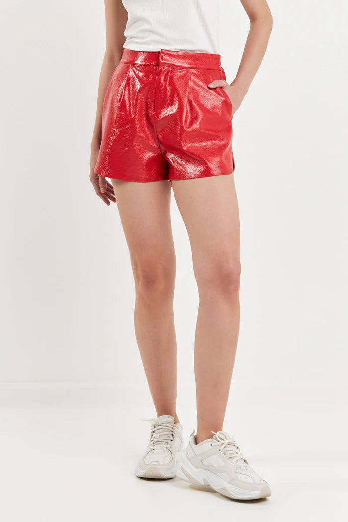 "Flynn" High-Waisted Faux Leather Shorts - Red