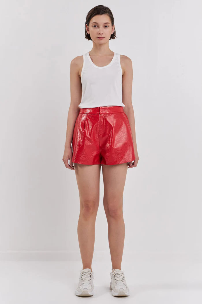 "Flynn" High-Waisted Faux Leather Shorts - Red