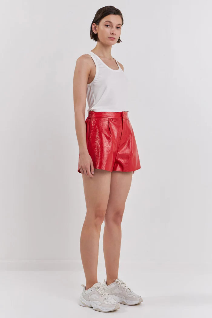 "Flynn" High-Waisted Faux Leather Shorts - Red