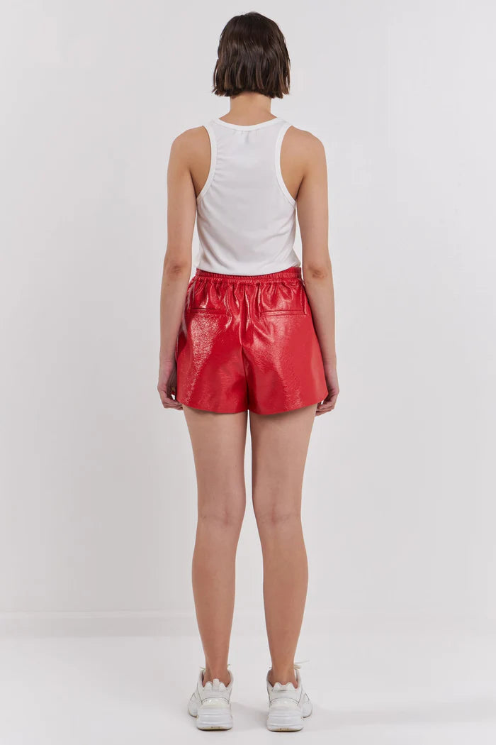 "Flynn" High-Waisted Faux Leather Shorts - Red