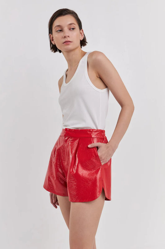 "Flynn" High-Waisted Faux Leather Shorts - Red