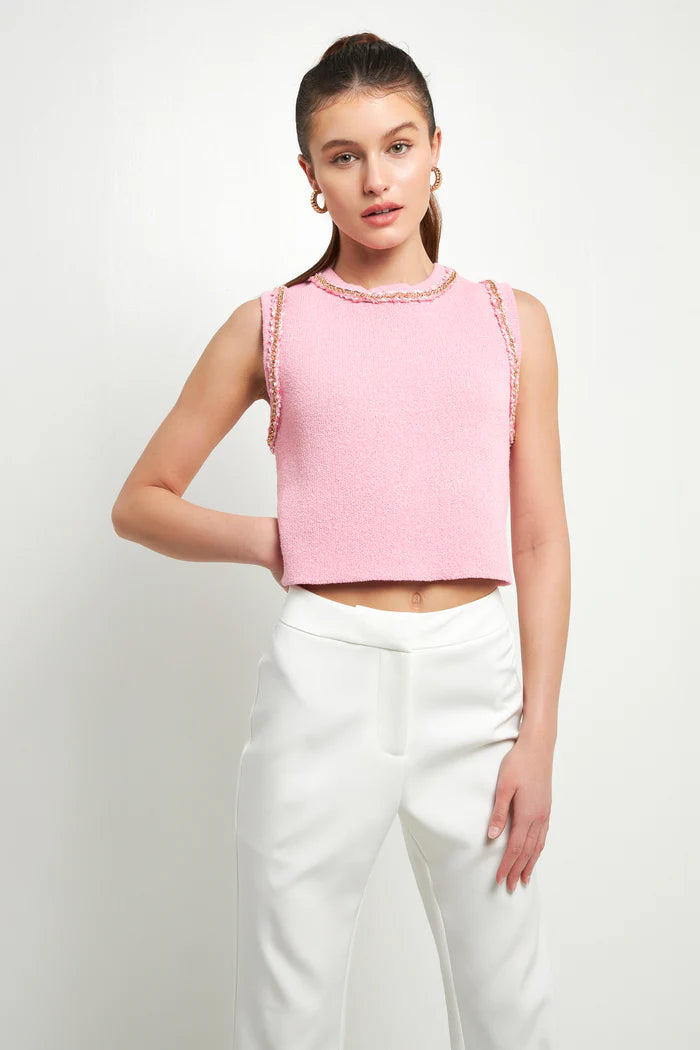 "Lynda" Trim Detail Knit Tank Top Pink