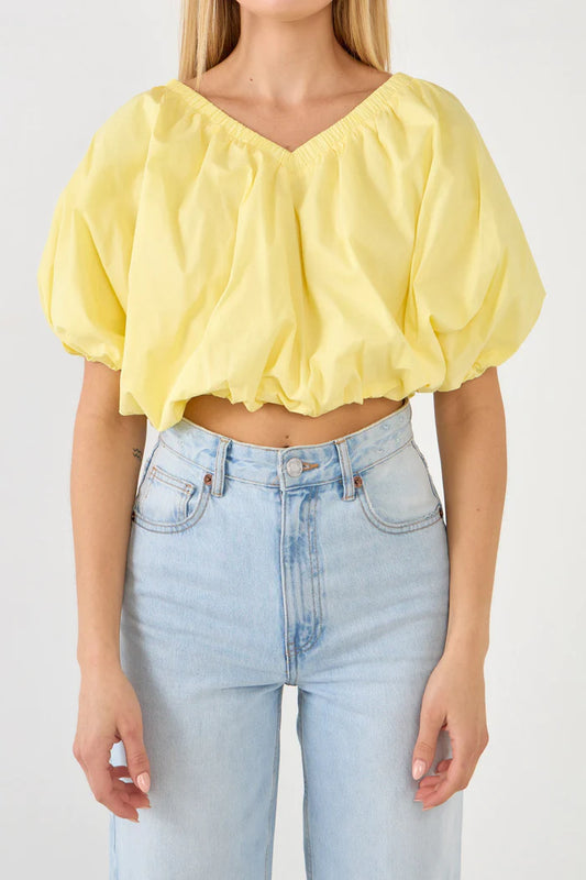 Cropped V-Neck Puff Top - Yellow.  Front view.