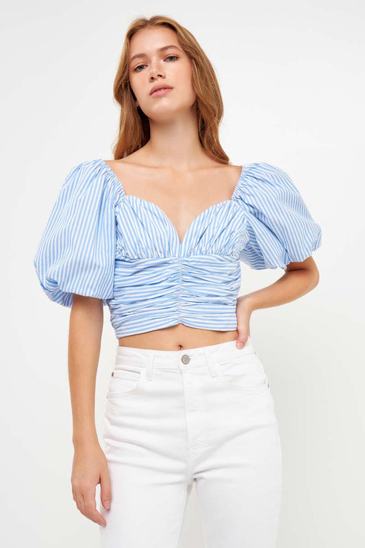 Striped Puff Sleeve Top - Blue.  Front view.