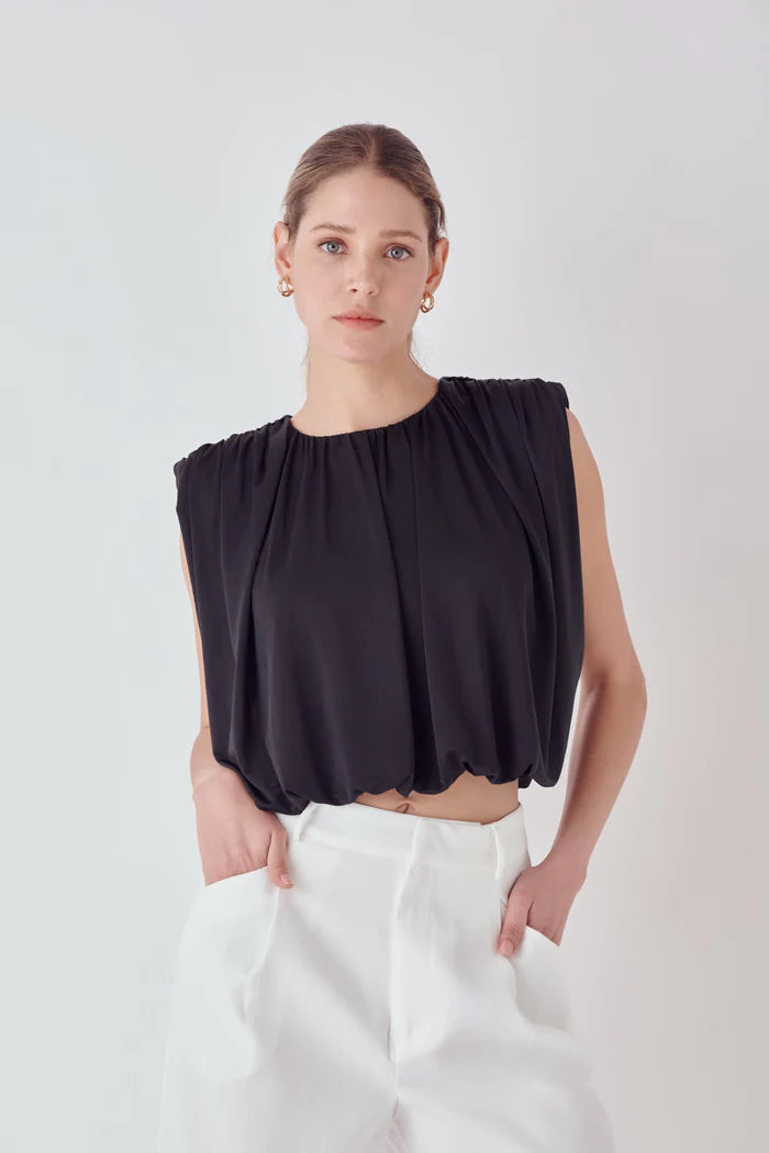 Shirred Shoulder Cropped Top - Black.  Front view.