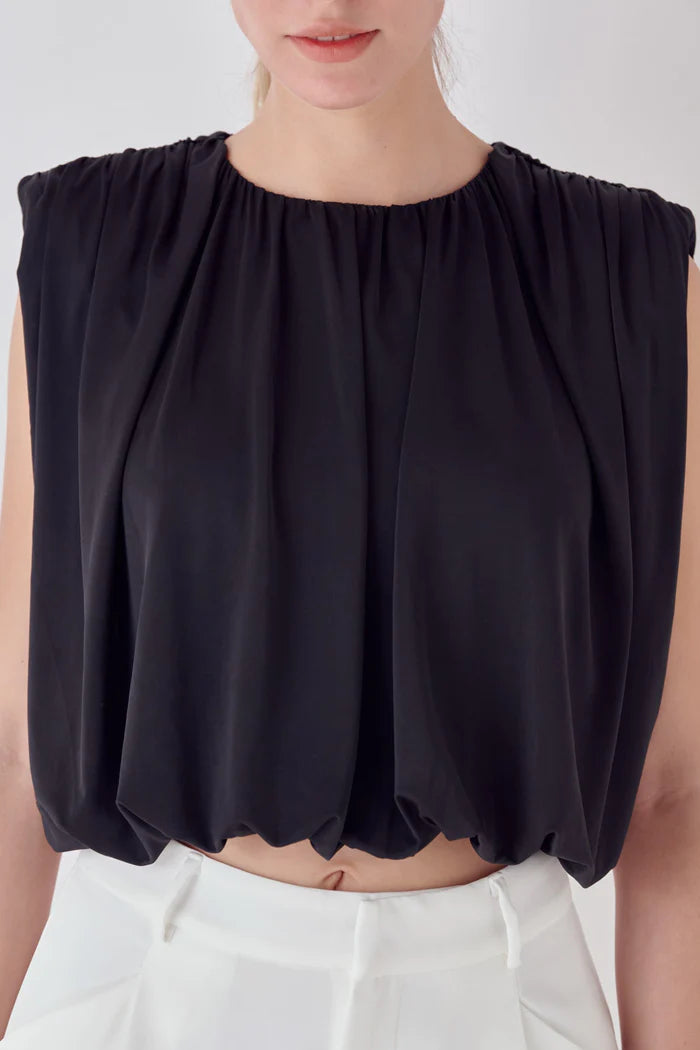 Shirred Shoulder Cropped Top - Black.  Front close up view.