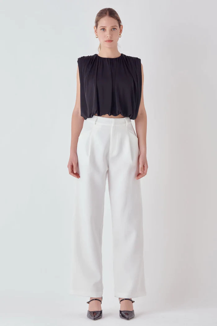 Shirred Shoulder Cropped Top - Black.  Full front view.