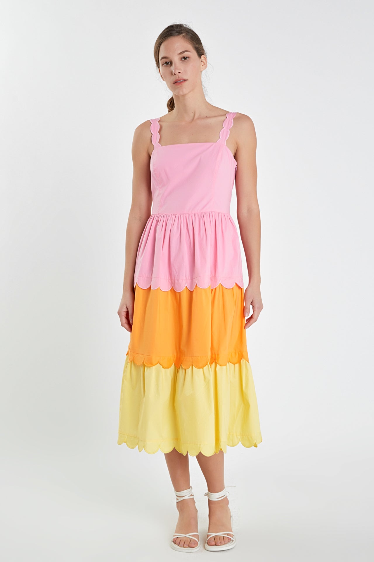 Colorblock Scallop Midi Dress - Pink Multi.  Front view.