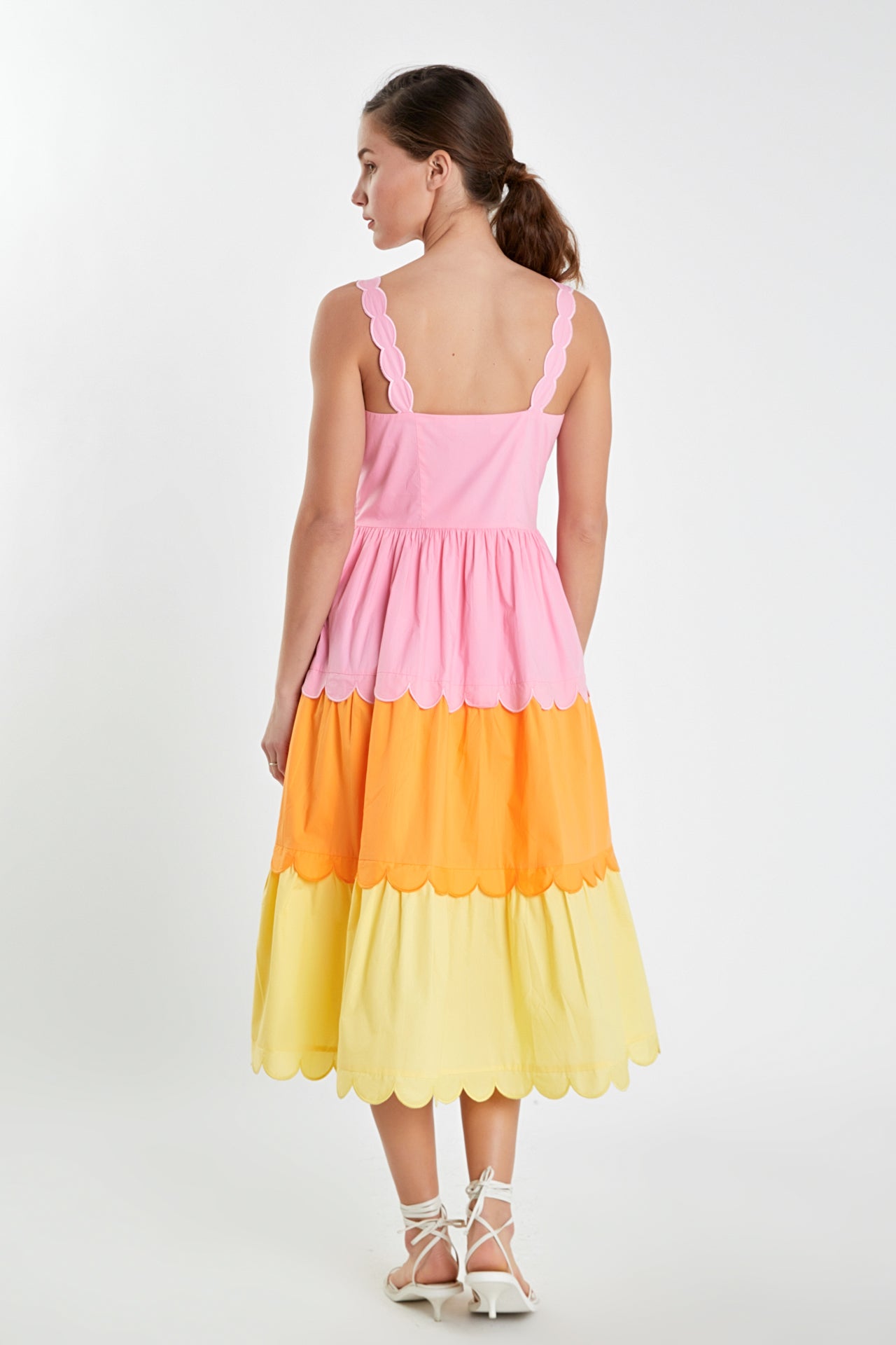 Colorblock Scallop Midi Dress - Pink Multi.  Back view.