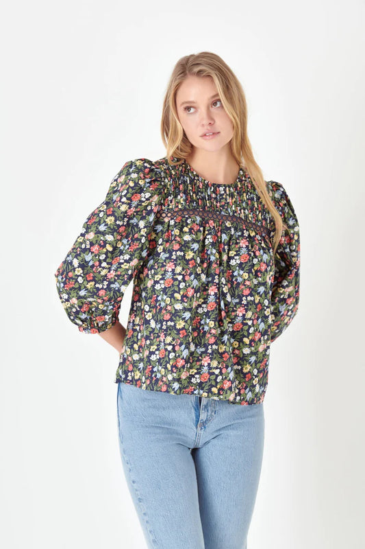 Floral Print Pintuck Detail Top - Navy.  Front view.