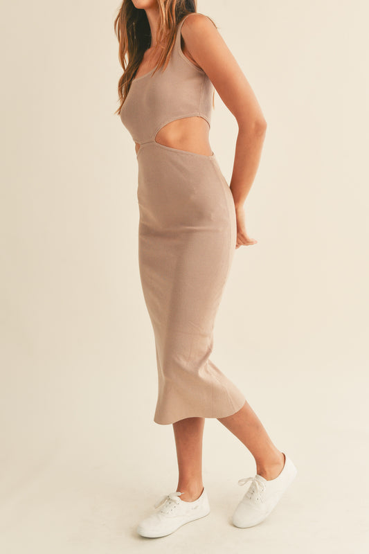 Knit sleeveless midi dress in mocha features side cut outs and a tank-style top.   Front view.