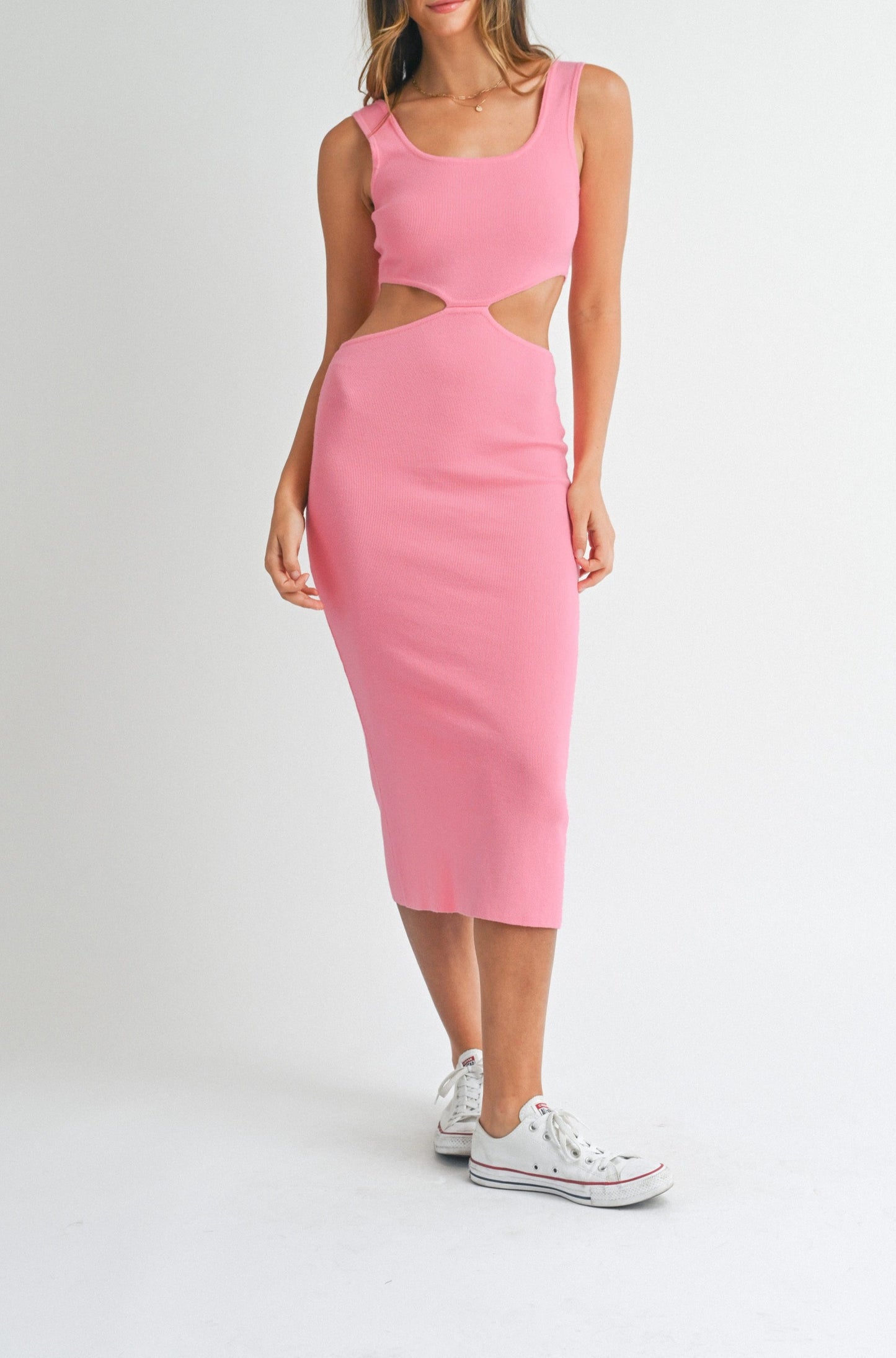 Knit Cut Out Midi Dress - Pink.  Front full view.