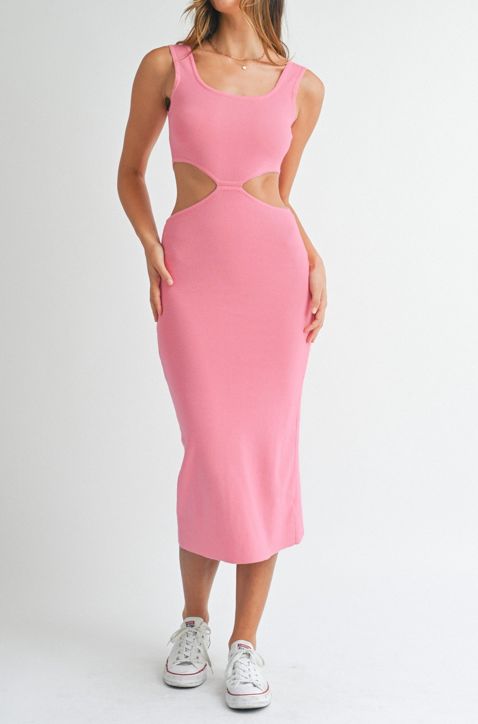 Knit Cut Out Midi Dress - Pink.  Front full view.