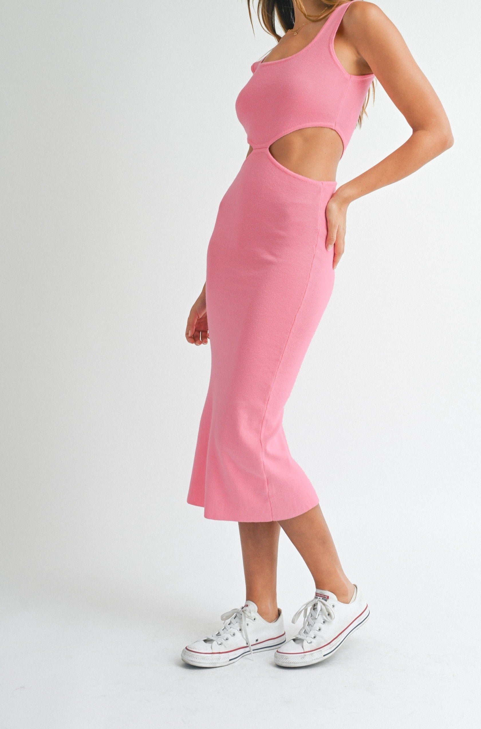 Knit Cut Out Midi Dress - Pink.  Side full view.