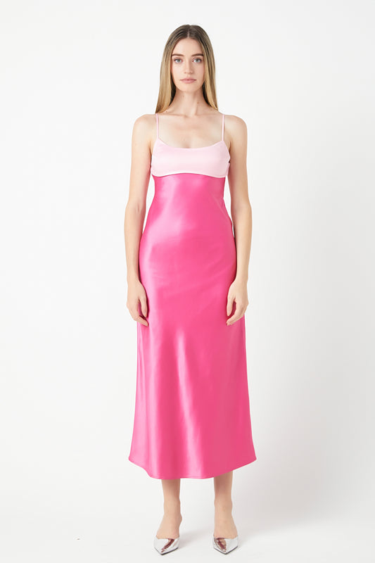 Satin Maxi Dress with spaghetti straps - light pink and pink.  front view.