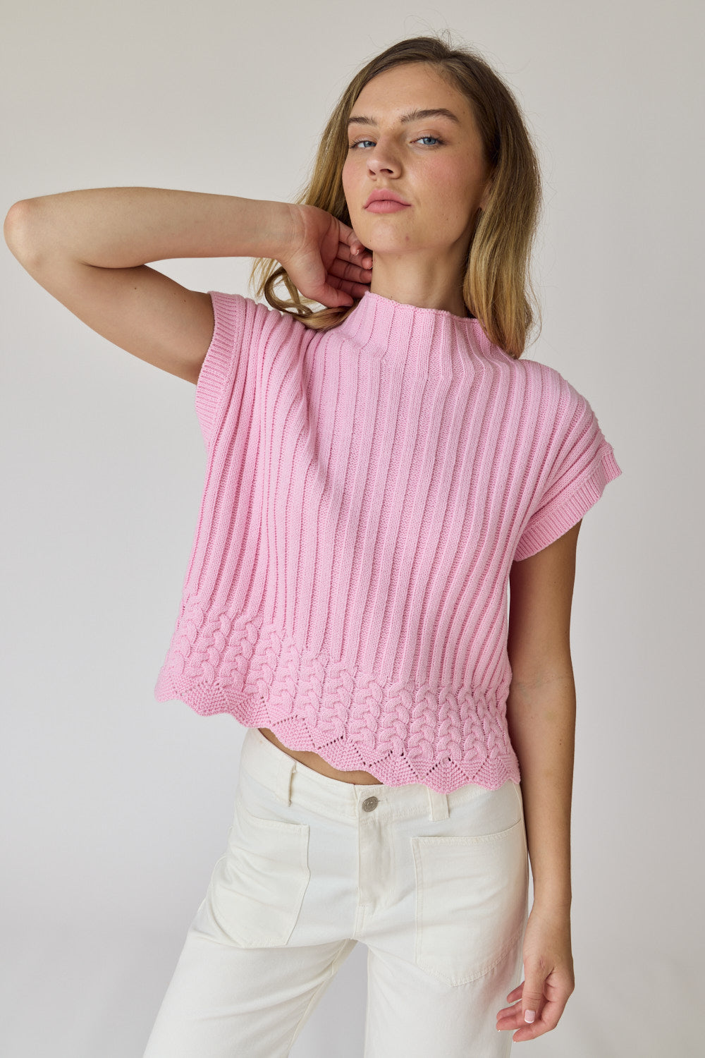 Mock Turtleneck Sweater Vest - Pink.  Front view.