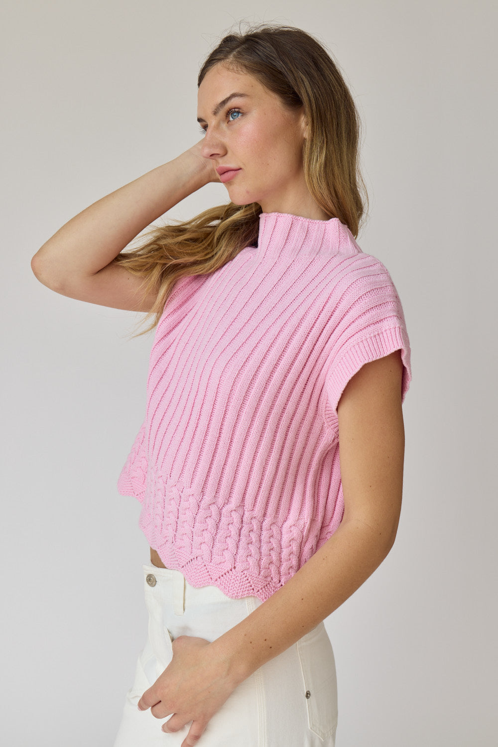 Mock Turtleneck Sweater Vest - Pink.  Side view.