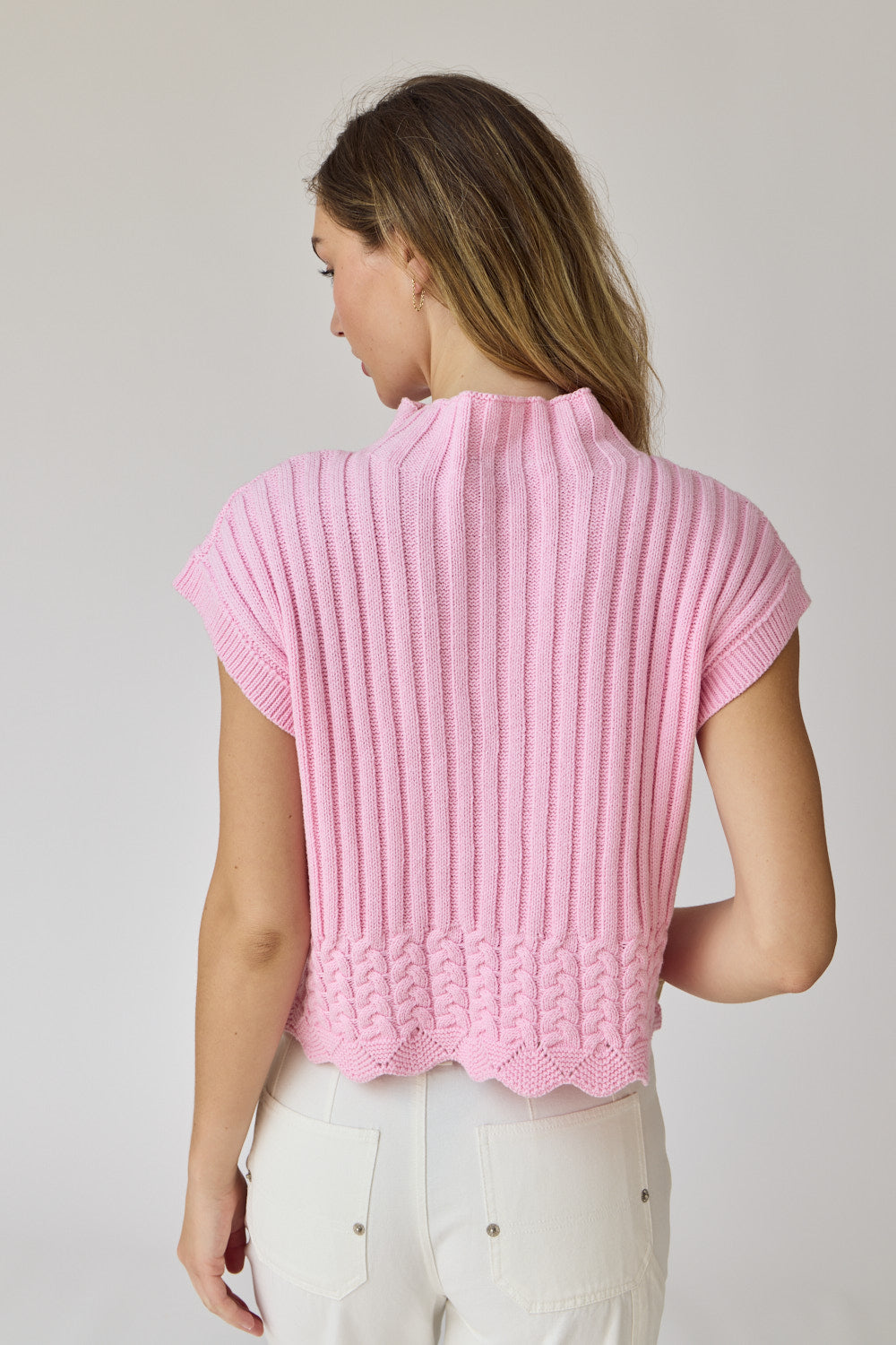 Mock Turtleneck Sweater Vest - Pink.  Back view.