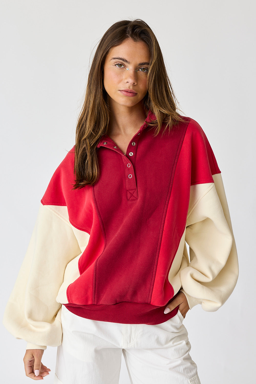 Collared Snap Button Sweatshirt - Red Colorblock.  Front close view