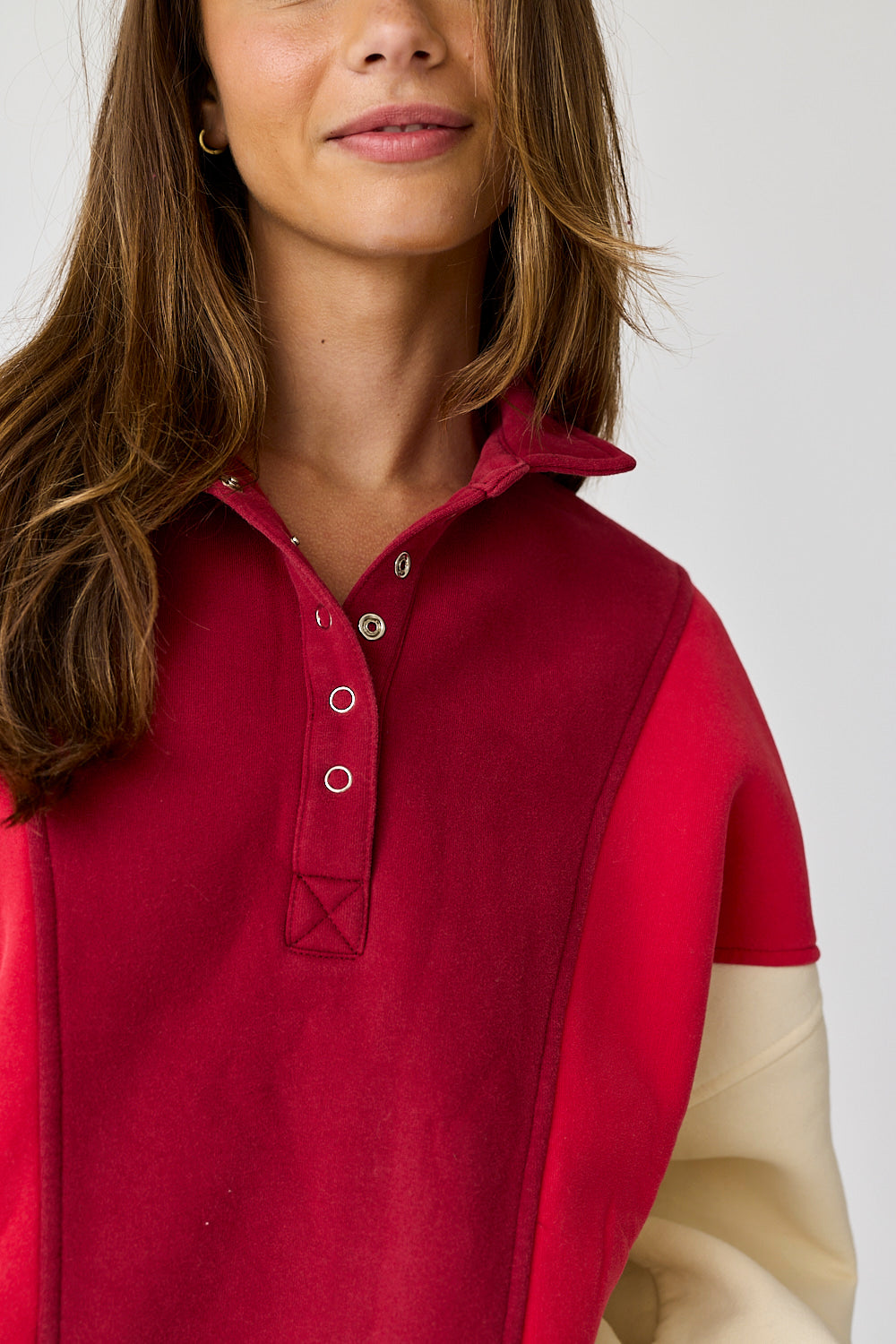 Collared Snap Button Sweatshirt - Red Colorblock.  Front close view