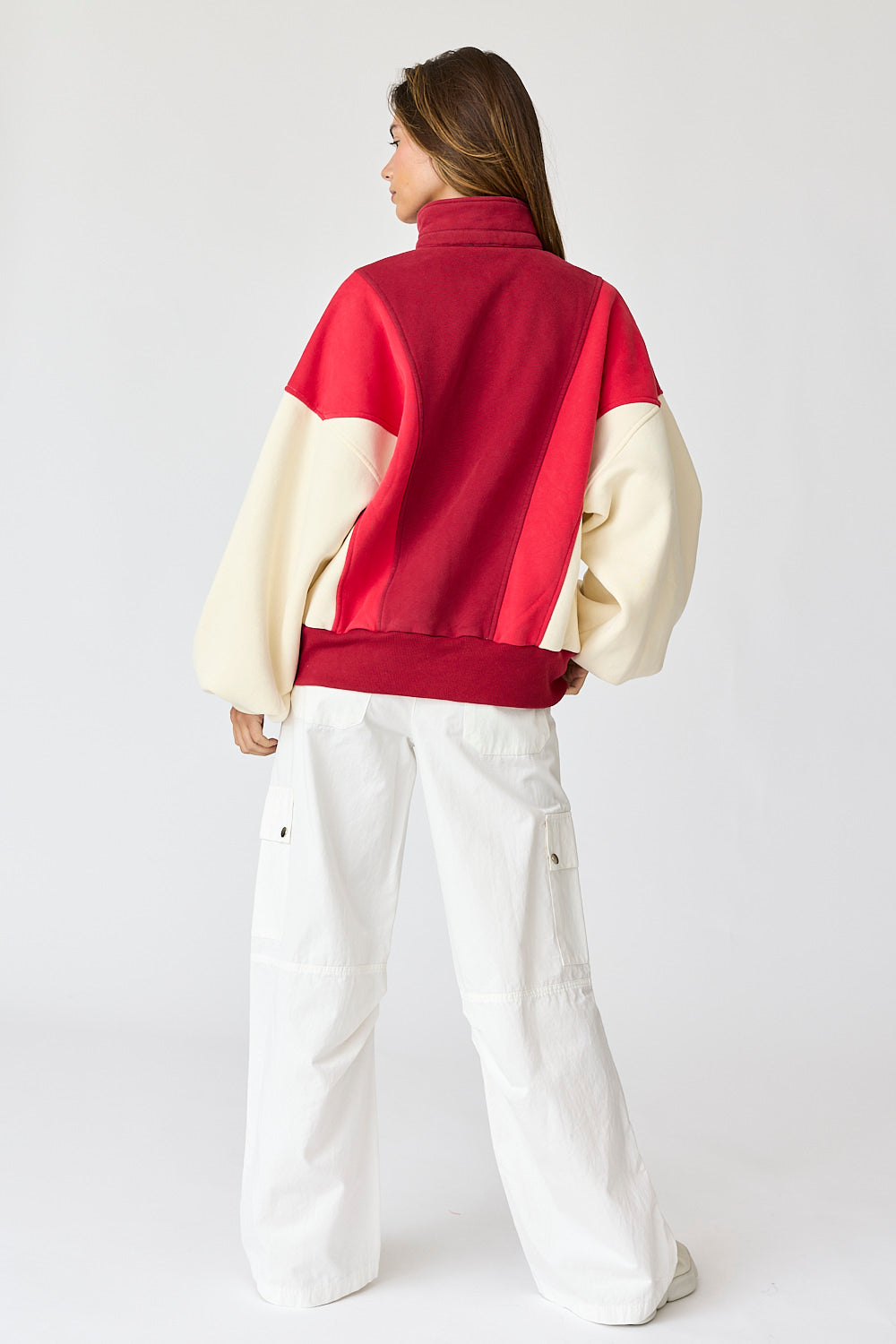 Collared Snap Button Sweatshirt - Red Colorblock.  Back full view