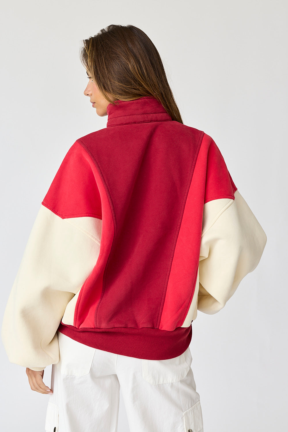 Collared Snap Button Sweatshirt - Red Colorblock.  Back close view