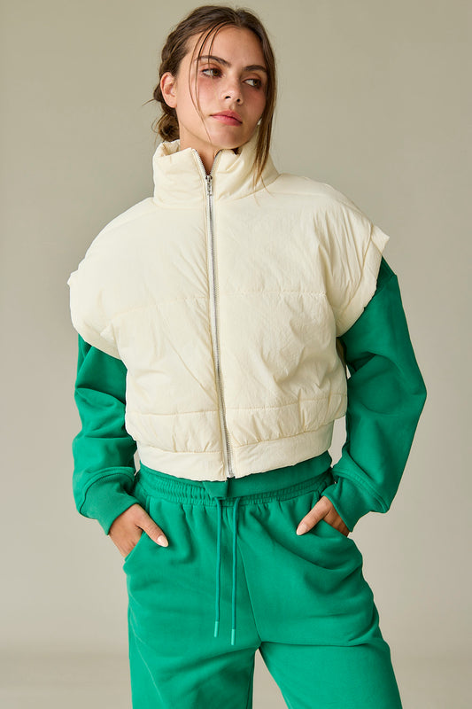 Cropped Puffer Vest - Cream.  Front view.