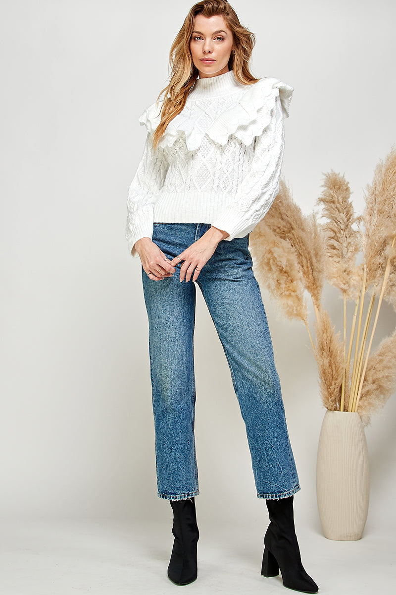 Cable Knit Ruffle Sweater - White.  Full view.