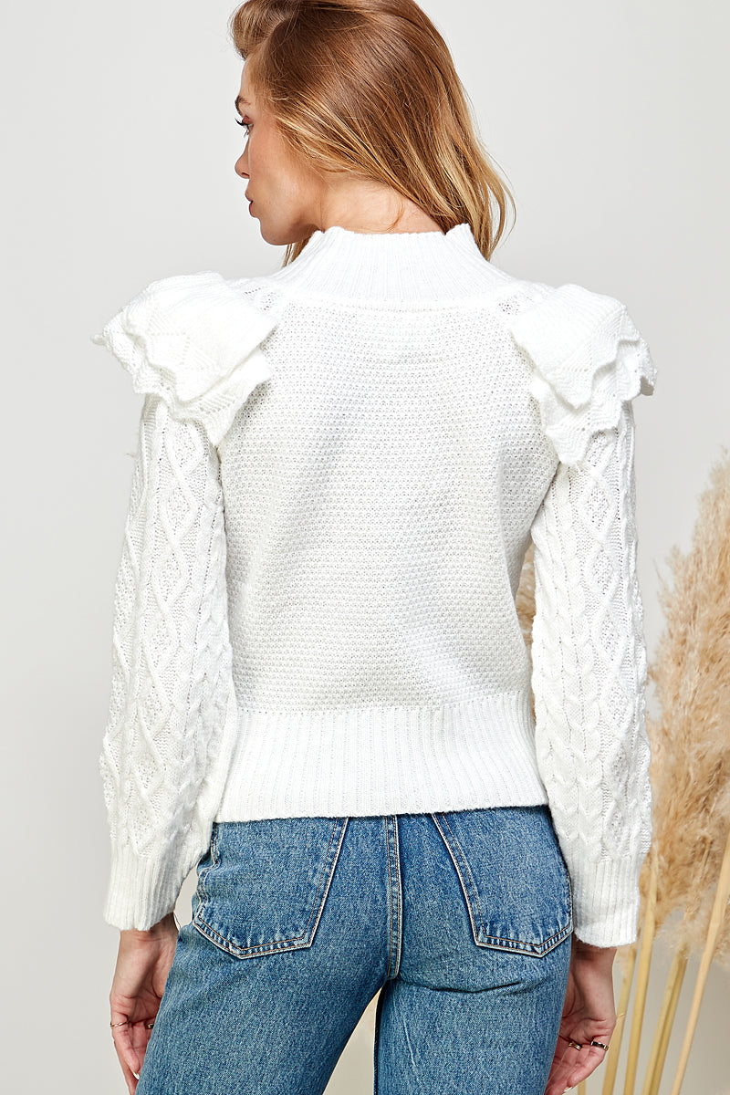 Cable Knit Ruffle Sweater - White.  Back view.
