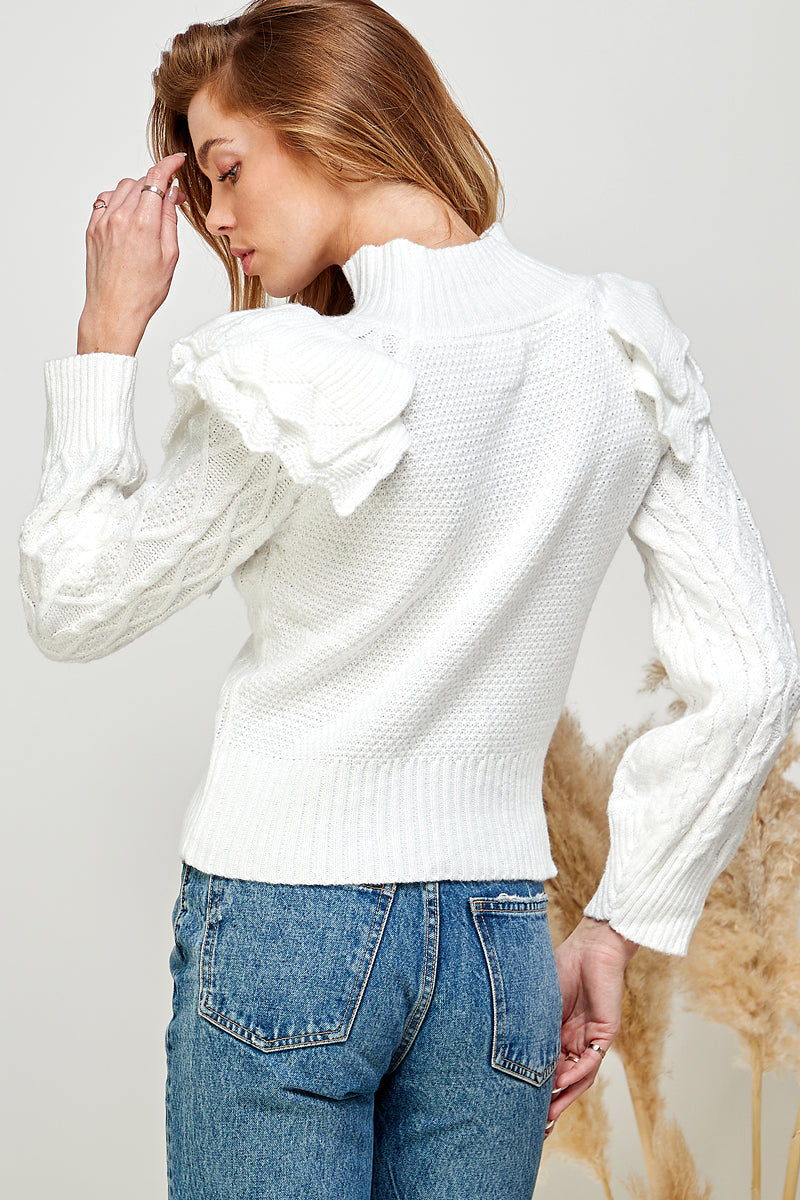 Cable Knit Ruffle Sweater - White.  Back view.
