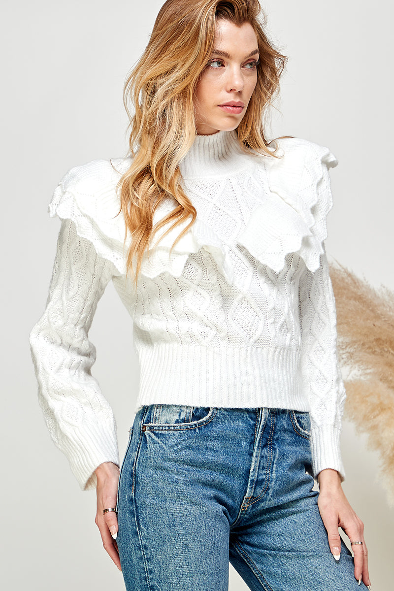 Cable Knit Ruffle Sweater - White.  Front close view.