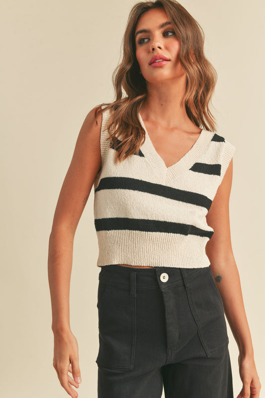 Striped Knit Vest - Cream & Black.  Front view.