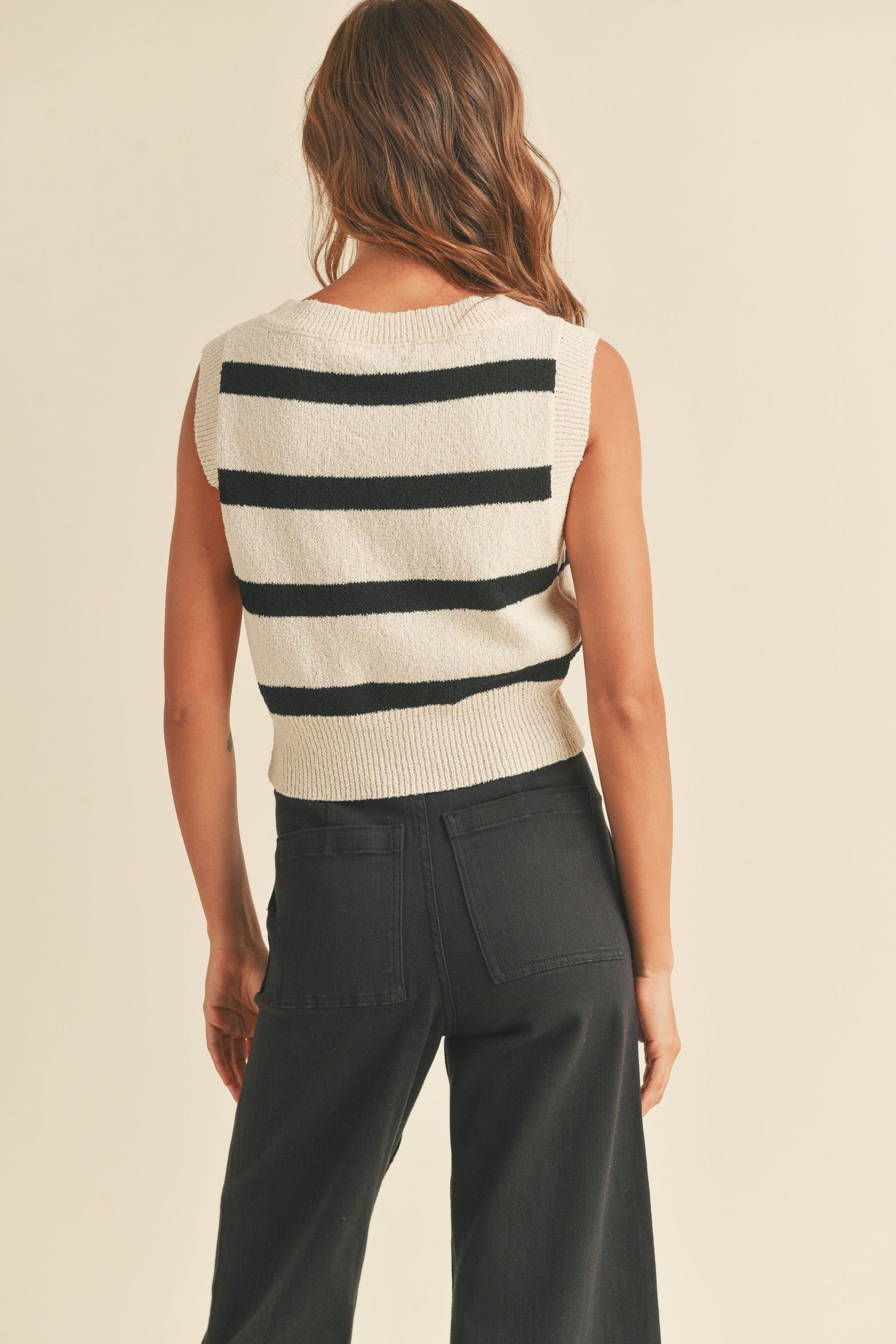 Striped Knit Vest - Cream & Black.  Back view.