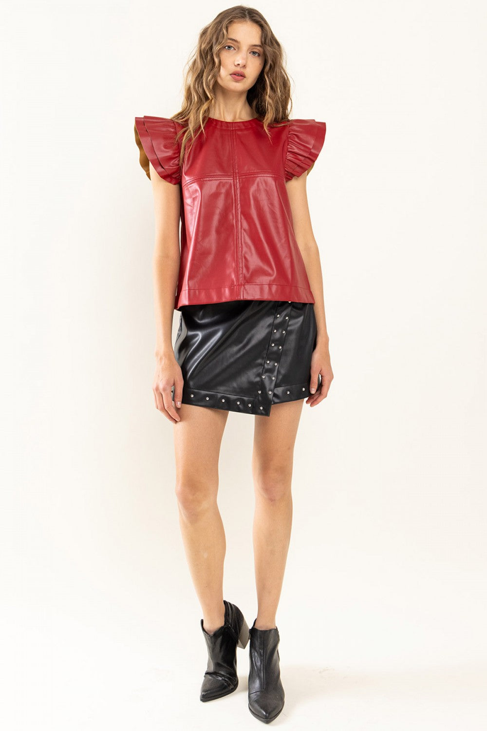 "Marla" Faux Leather Ruffle Sleeve Top - Burgundy
