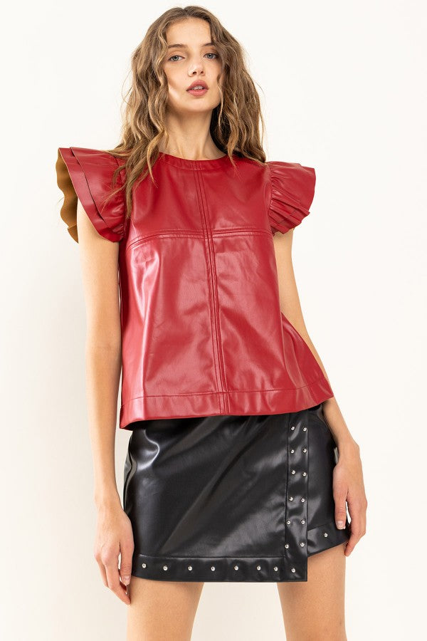 "Marla" Faux Leather Ruffle Sleeve Top - Burgundy