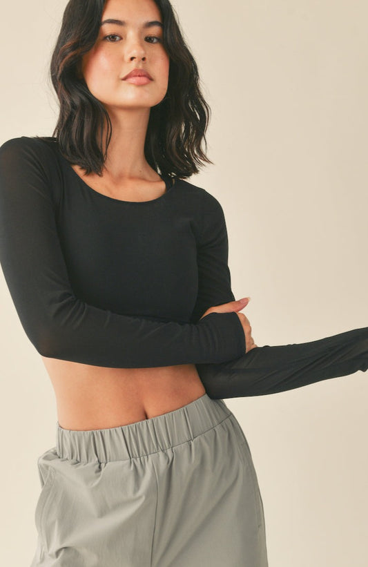 Mesh Long Sleeve Athletic Top With Bra - Black.  Front View.