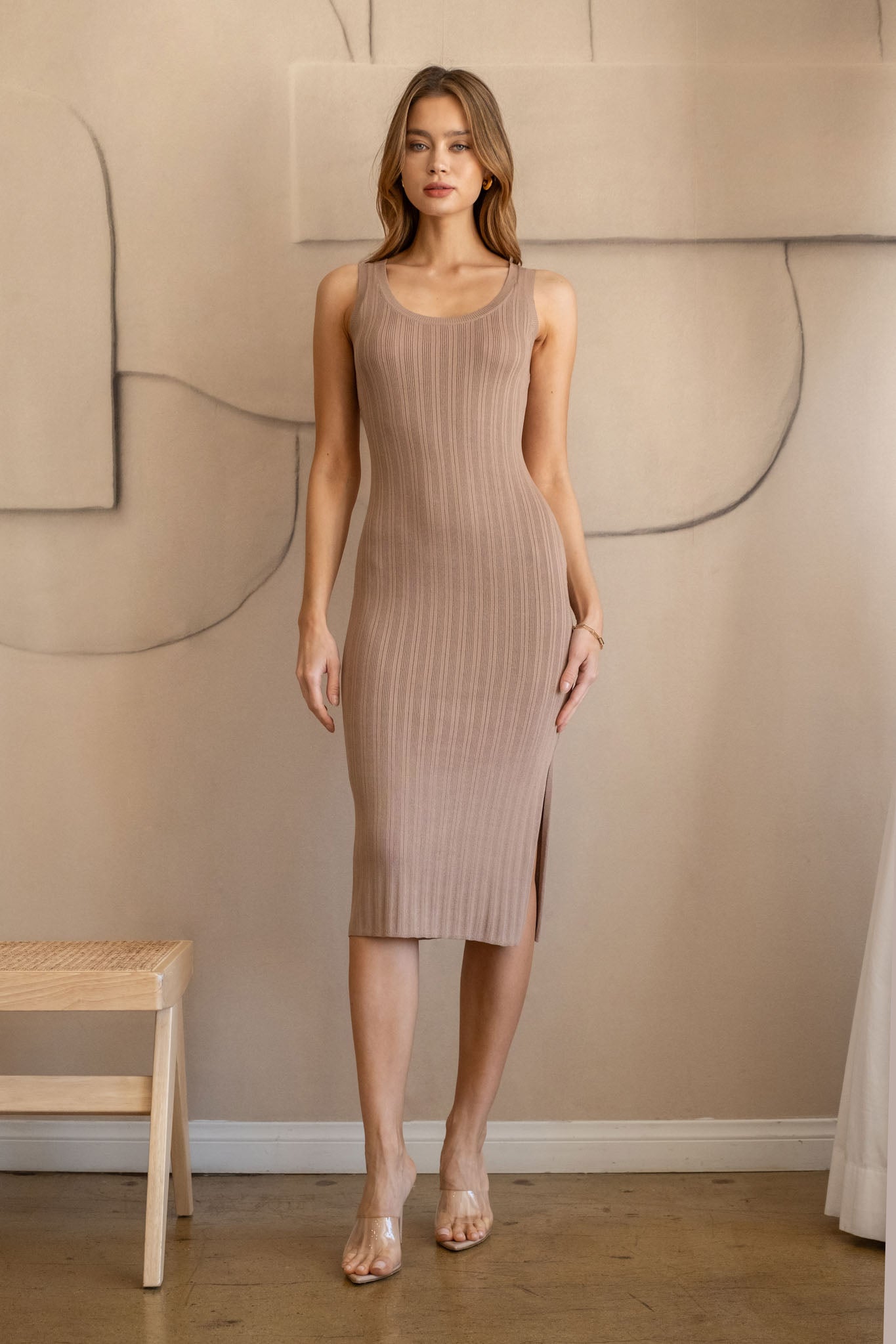  Ribbed Midi Dress - Light Khaki.  Front Full view.