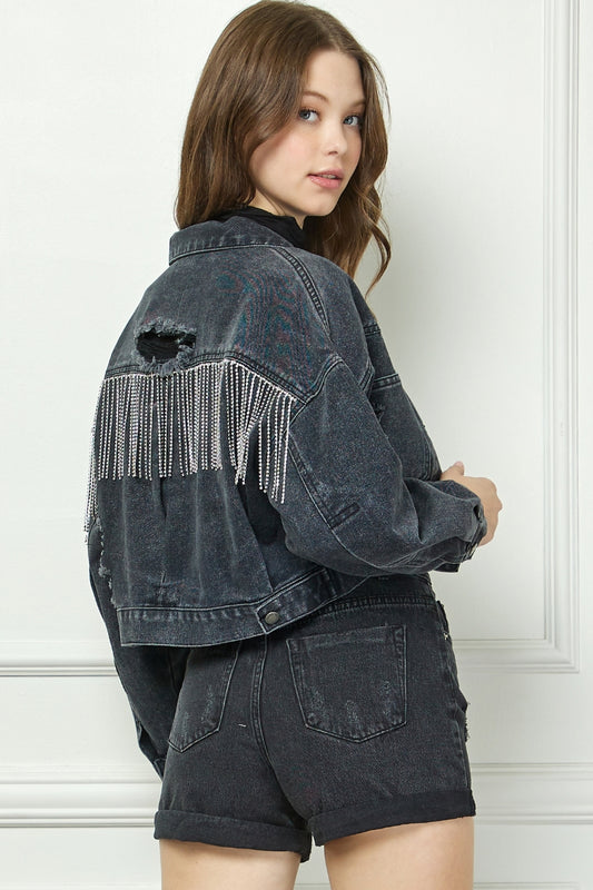 Rhinestone Fringe Denim Jacket, Black wash.  Back view showing rhinestone fringe.