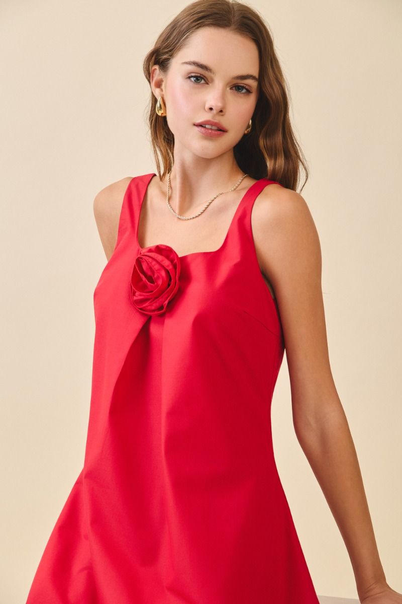 Floral Adorned Mini Dress - Red.  Side close view.