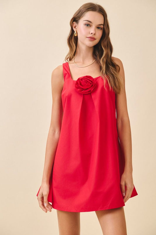 Floral Adorned Mini Dress - Red.  Front close view.