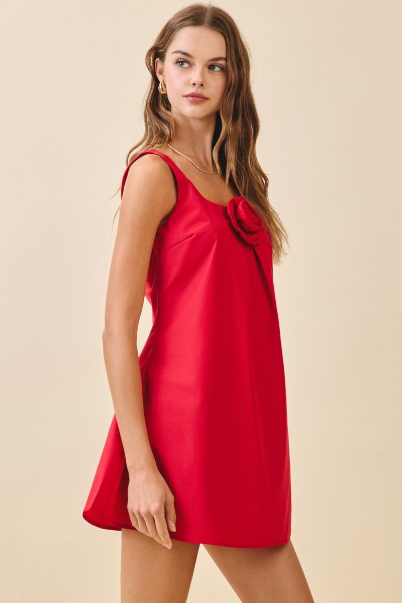 Floral Adorned Mini Dress - Red.  Side view.