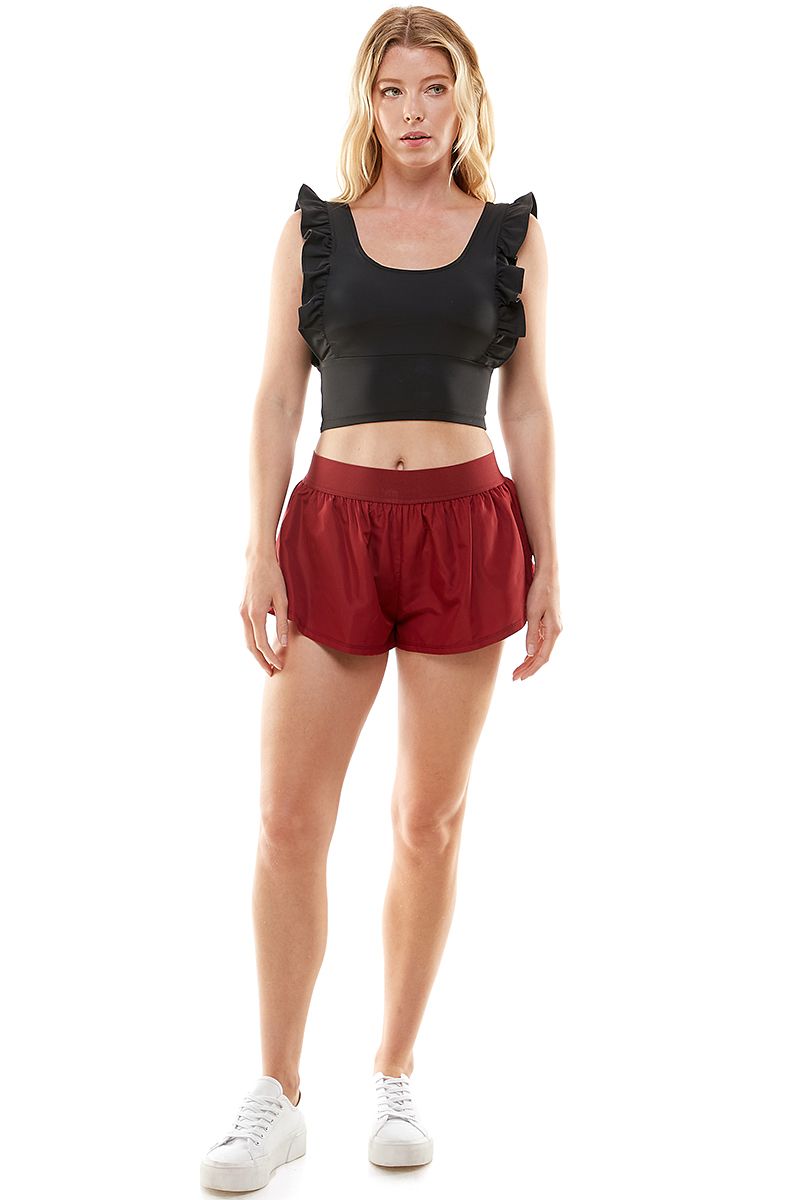 Athletic Shorts With Back Ruffles Burgundy. Full View.