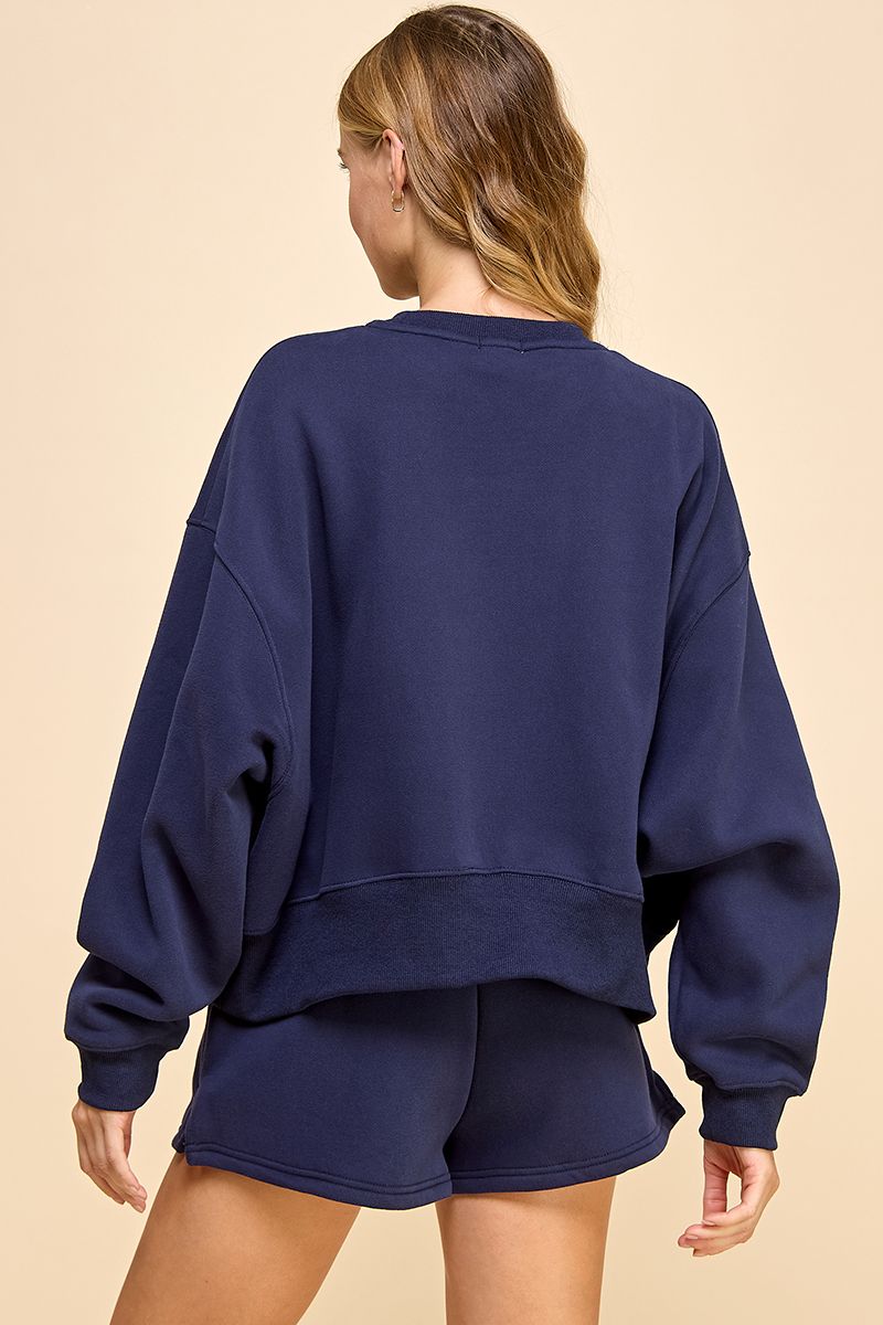 Sweatshirt and shorts lounge set - Navy.  Back close view.