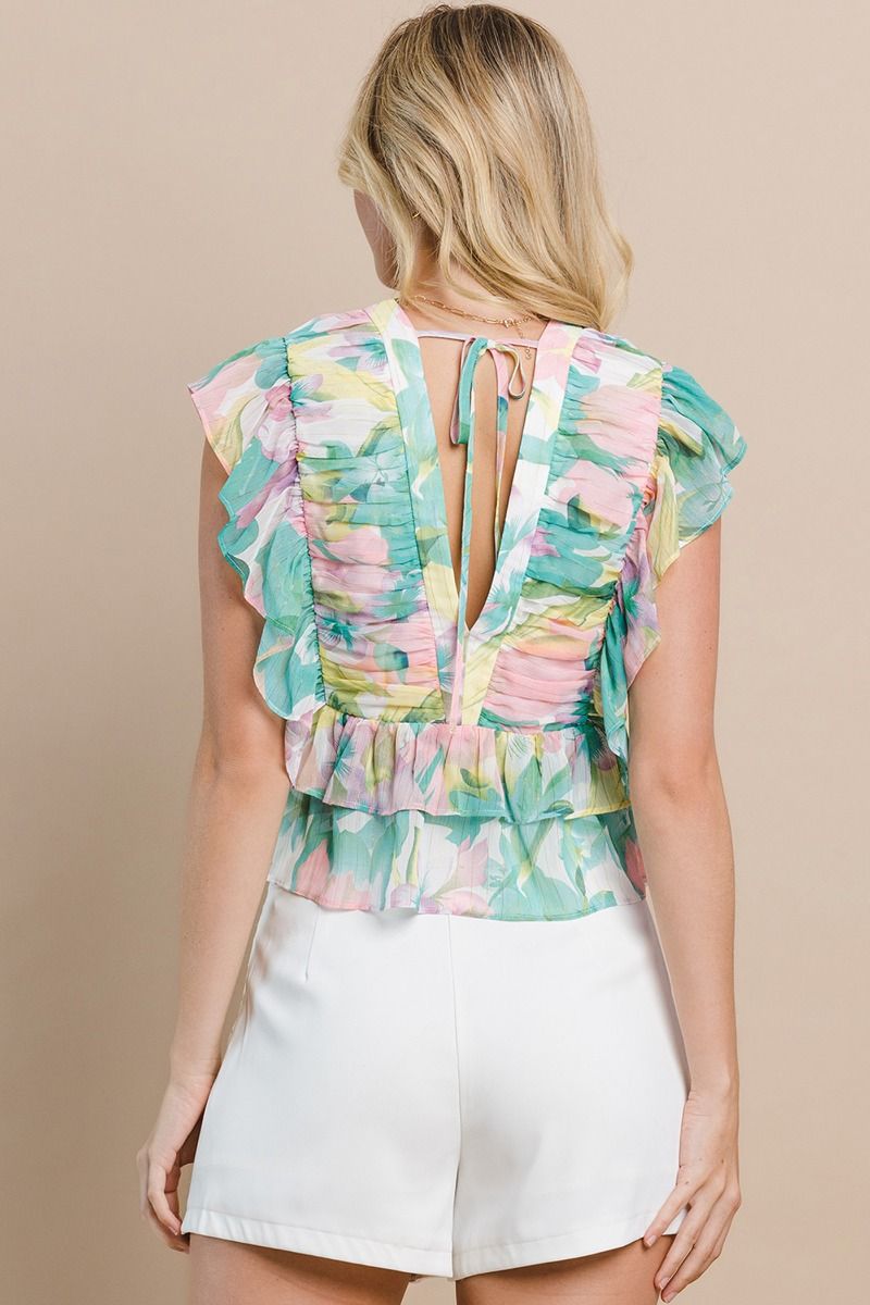 Floral Ruched Top - Kelly Green.  Back view.