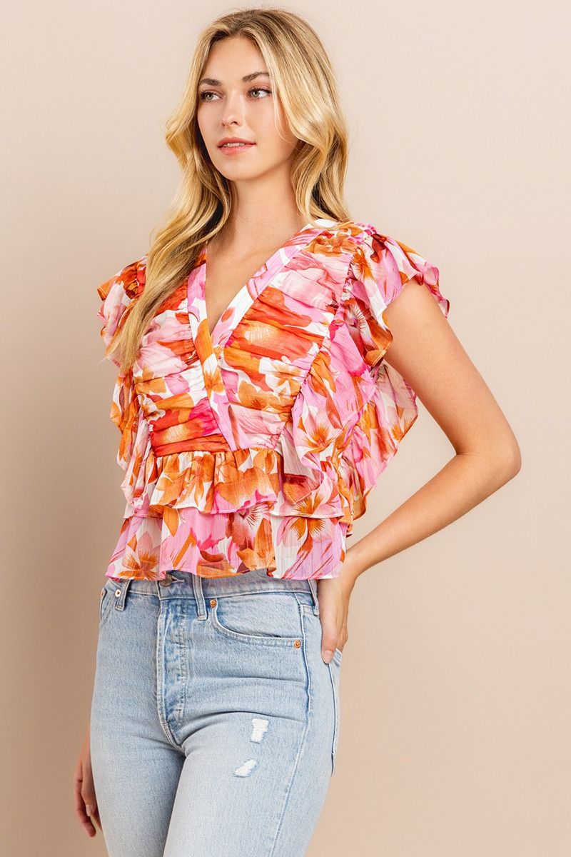 Floral Ruched Top - Orange.  Side view.