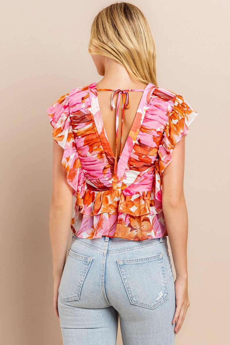 Floral Ruched Top - Orange.  Back view.