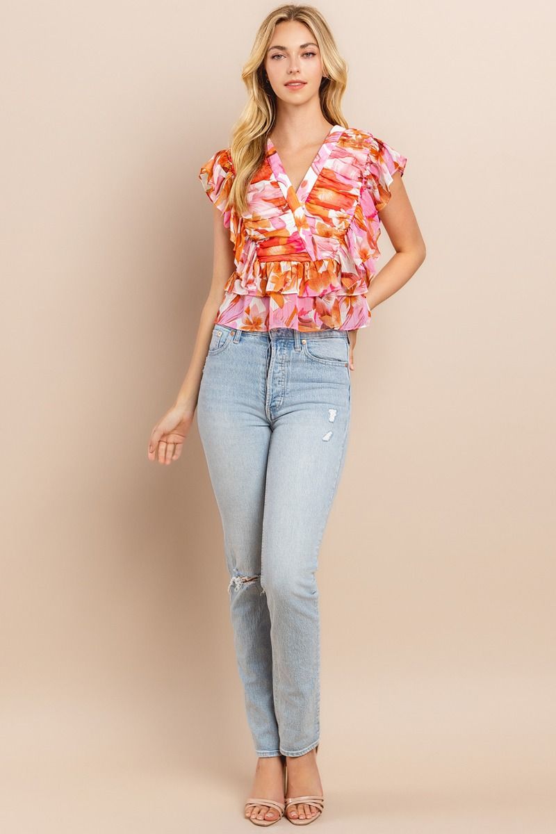 Floral Ruched Top - Orange.  Full view.